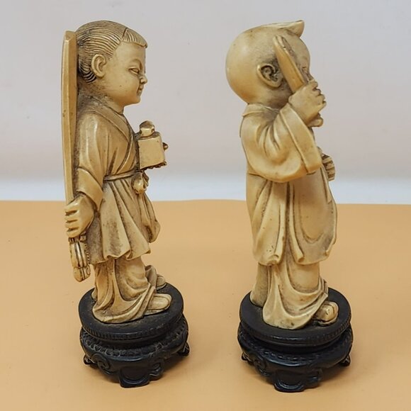 Vintage Asian Girl Figurines Pair On Black Bases Handcrafted Resin - Picture 4 of 13